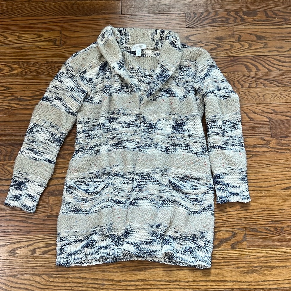 SOLD Cream and Navy Long Cardigan with Multicolored Flecks Throughout